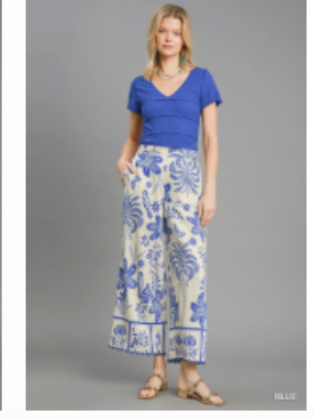 K9863-P BLU Umgee Wide Legged Abstract Border Print Pants Various Sizes